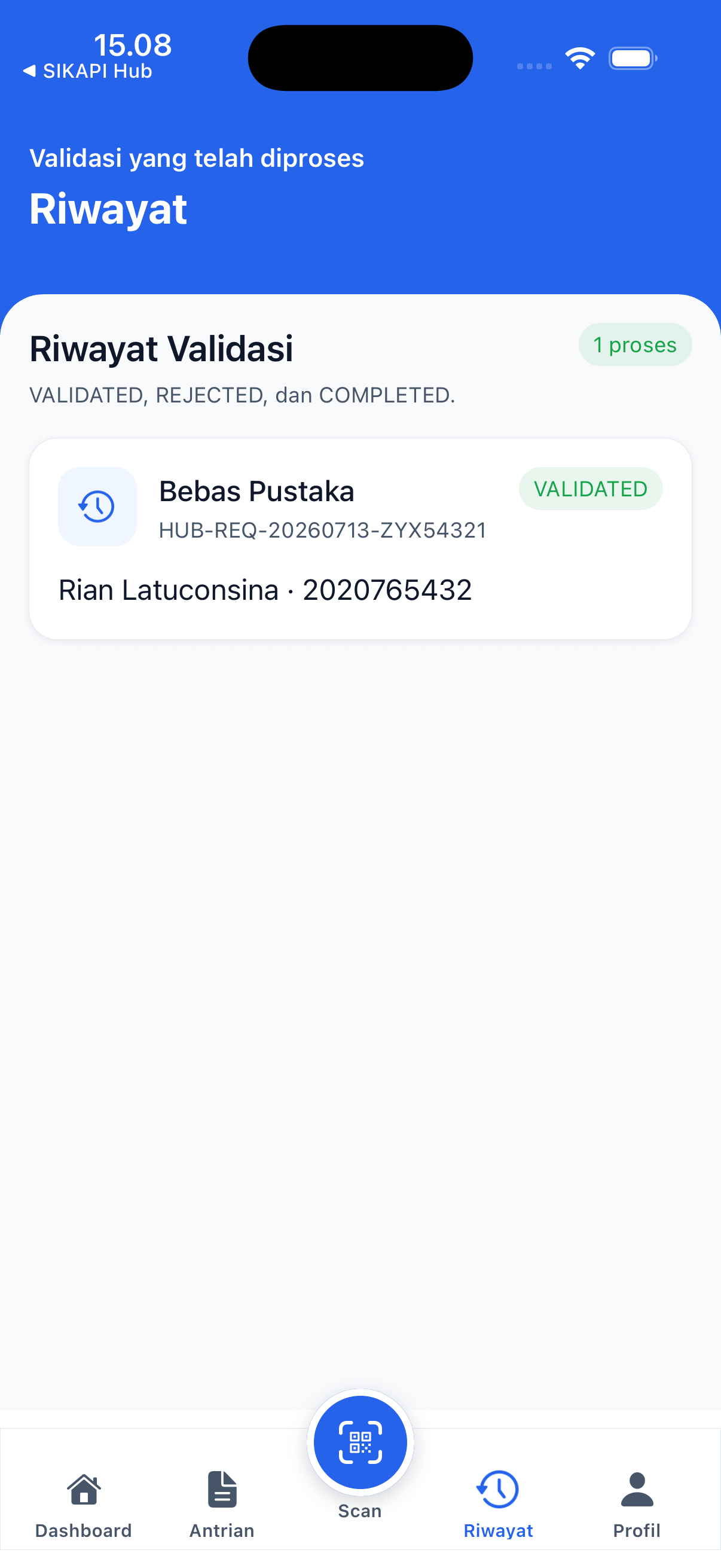 Mockup riwayat validasi SIKEU Hub Petugas